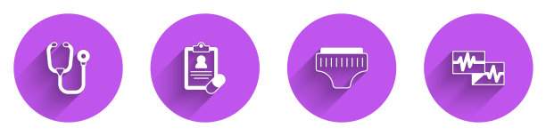 设置听诊器，医生处方，成人尿布和监护仪，心电图图标长阴影。向量图片下载
