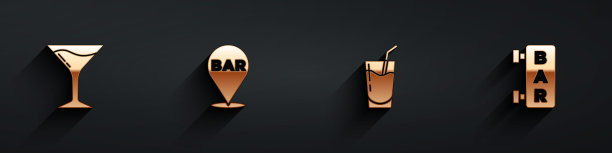 设置马提尼杯，酒精酒吧的位置，鸡尾酒和街道招牌与酒吧图标与长阴影。向量图片下载