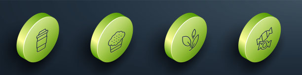 设置等距线杯茶，松饼，茶叶和糖果图标。向量图片下载