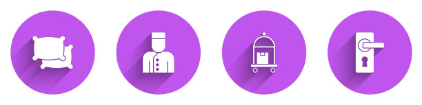 设置枕头，礼宾，行李箱和门把手图标与长阴影。向量图片下载