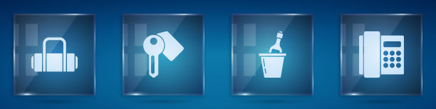 设置手提箱，酒店门锁钥匙，冰桶里的香槟和电话听筒。方形玻璃面板。向量图片下载