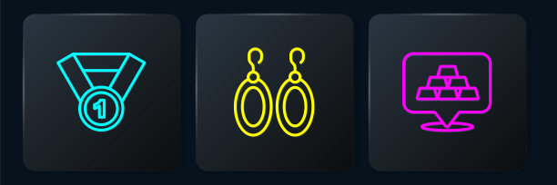 设置线金牌，杠和耳环。黑色方形按钮。向量图片下载