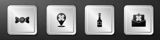 设置糖果，雪花，香槟瓶和圣诞明信片图标。银广场按钮。向量图片下载