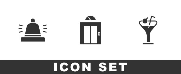 设置酒店服务铃，升降机和马提尼玻璃图标。向量图片下载