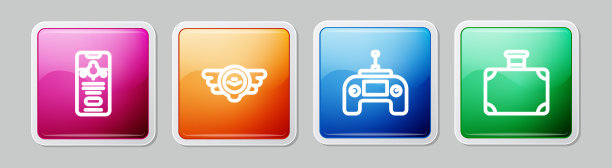 手机、机票、航标、无人机遥控、行李箱配套。丰富多彩的广场按钮。向量图片下载