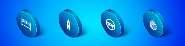 在终点线设置等距缎带，方向盘，经典飞镖板和冲浪板图标。向量图片下载