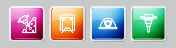 设置施工手提钻、矿井入口、矿工头盔及。丰富多彩的广场按钮。向量图片下载