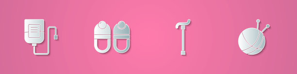 设置剪纸IV袋，拖鞋，手杖和纱线球与编织针图标。纸艺术风格。向量图片下载