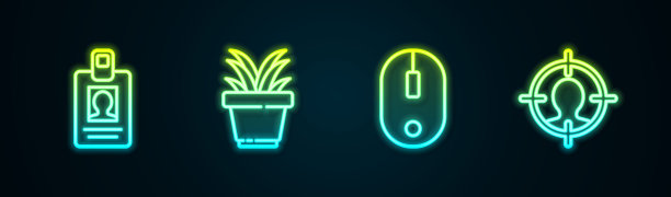 设置线识别徽章，花盆，电脑鼠标和头部狩猎的概念。发光的霓虹灯图标。向量图片下载