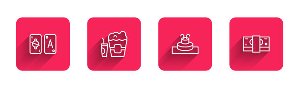 设置塔罗牌、爆米花盒、玻璃盒、喷泉和叠叠的纸钱和长长的影子。红场按钮。向量图片下载