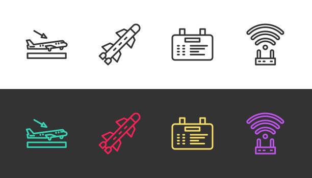将飞机着陆、火箭、机场板和路由器wi-fi信号设置为黑白。向量图片下载