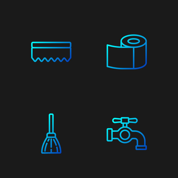 设置水龙头，扫帚，海绵和卫生纸卷。渐变颜色图标。向量图片下载