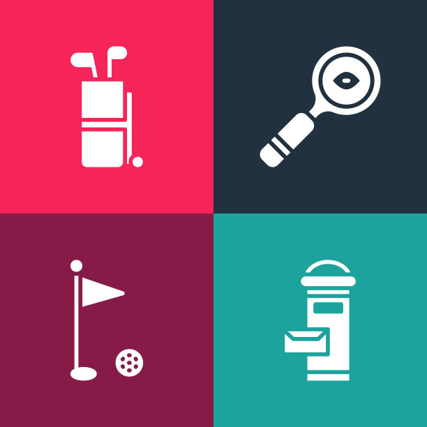 设置波普艺术伦敦邮箱，高尔夫旗，放大镜和袋与俱乐部的图标。向量图片下载