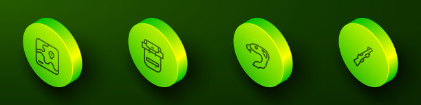 设置等距线非洲狩猎地图，徒步旅行背包，蛇和猎枪图标。向量图片下载