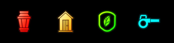 设置花园灯，农场房子，盾叶片和叶片花园吹风机图标。向量图片下载