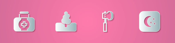 设置剪纸急救箱，树，木斧和月亮和星星的图标。纸艺术风格。向量图片下载