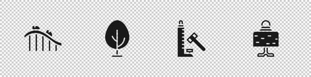 设置过山车，树，射手吸引锤和魔术球桌图标。向量图片下载