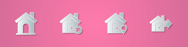 设置剪纸房子，错误的标记，位置房子和销售图标。纸艺术风格。向量图片下载