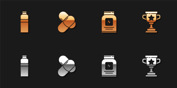 设置健身摇壶，运动营养，和奖励杯图标。向量图片下载