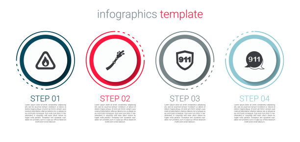 在三角区点火，软管卷筒，紧急呼叫911和。业务信息模板。向量图片下载