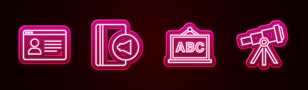 设置在线课程，有声书，黑板和望远镜。发光的霓虹灯图标。向量图片下载