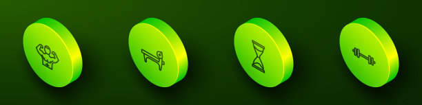 设置等距线健美者肌肉，带杠铃的长凳，旧沙漏和杠铃图标。向量图片下载