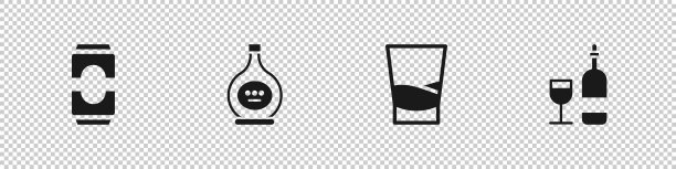 设置啤酒罐，白兰地或白兰地酒瓶，伏特加玻璃和酒瓶的玻璃图标。向量图片下载