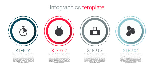 设置秒表、壶铃、运动包及运动营养。业务信息模板。向量图片下载