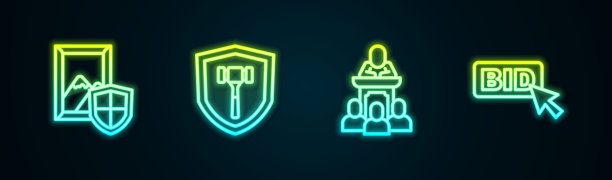 集拍卖绘画、锤子、拍卖师销售和竞拍于一体。发光的霓虹灯图标。向量图片下载