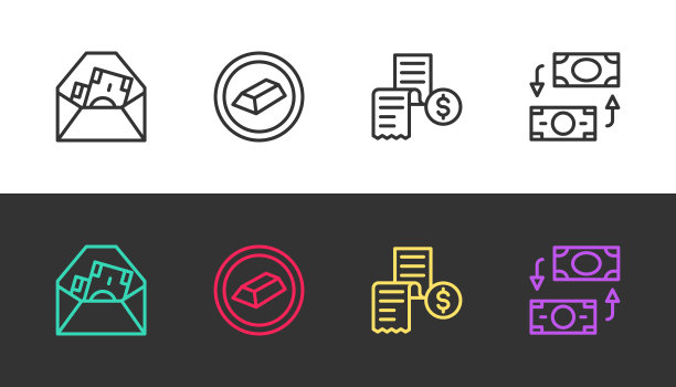 设置线信封与美元符号，金条，纸或金融支票和货币兑换在黑色和白色。向量图片下载