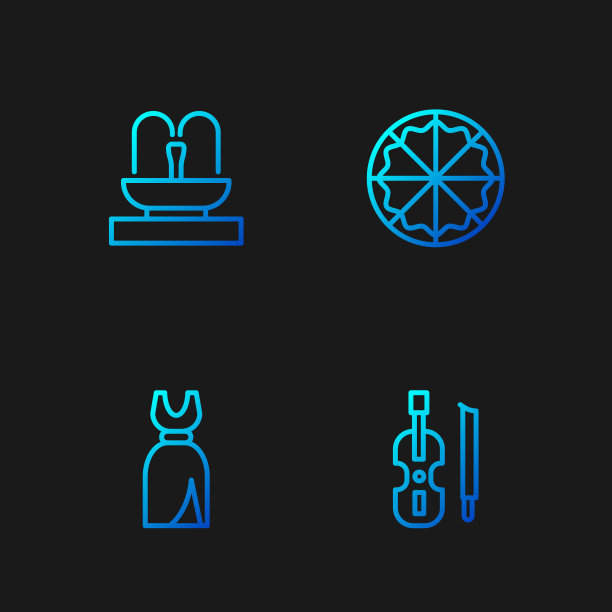 设置线小提琴，女人连衣裙，喷泉和披萨。渐变颜色图标。向量图片下载