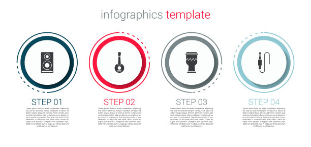设置立体声扬声器，班卓琴，鼓和音频插孔。业务信息模板。向量图片下载