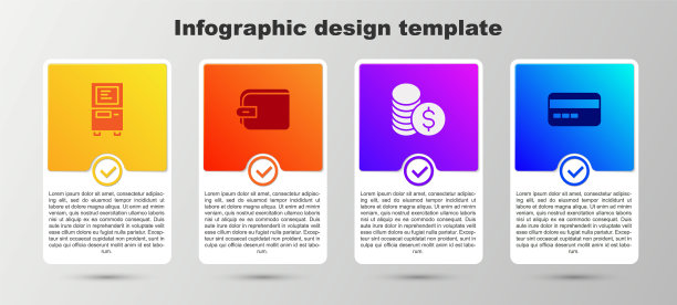设置自动取款机，钱包，美元和信用卡的硬币。业务信息模板。向量图片下载