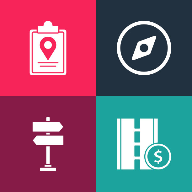 设置波普艺术收费道路交通标志，道路，指南针和折叠地图与位置标记图标。向量图片下载