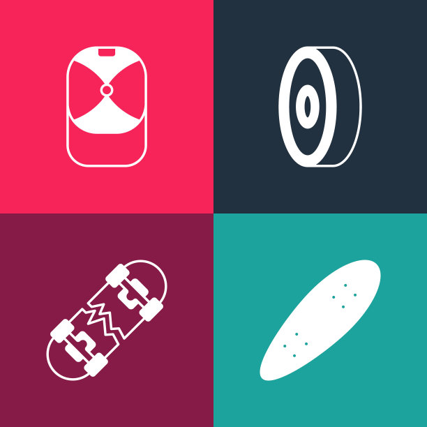 设置流行艺术长板或滑板，破碎，滑板球轴承和棒球帽图标。向量图片下载