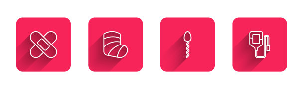 横线绷带石膏，石膏，精子和静脉输液袋与长阴影。红场按钮。向量图片下载