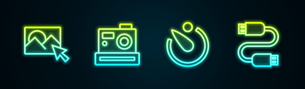 设置线照片修饰，相机，相机定时器和USB数据线。发光的霓虹灯图标。向量图片下载