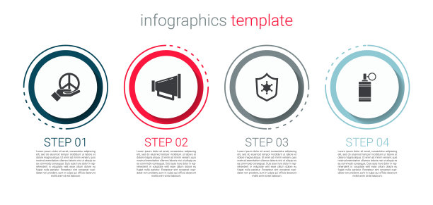设置和平，扩音器，警徽和手榴弹。业务信息模板。向量图片下载