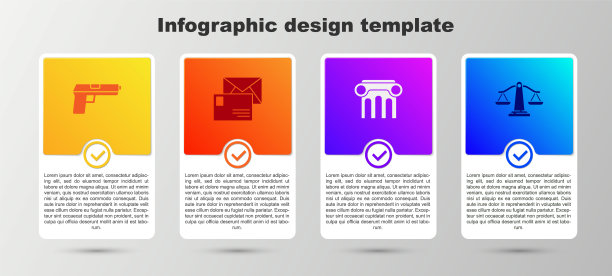 设置手枪或枪，信封，法律支柱和正义的天平。业务信息模板。向量图片下载