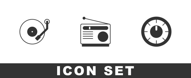 设置黑胶播放器，收音机和声音混音控制器图标。向量图片下载