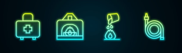 设置线急救箱，室内壁炉，灭火桶和消防软管卷轴。发光的霓虹灯图标。向量图片下载