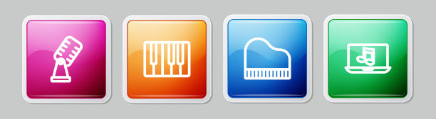 设置线麦克风，音乐合成器，钢琴和笔记本电脑与音乐。丰富多彩的广场按钮。向量图片下载