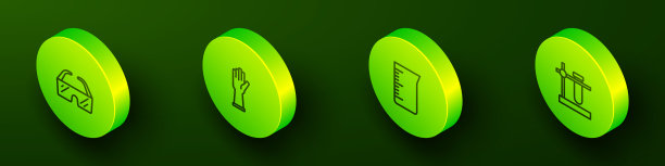 在支架图标上设置等距线安全护目镜，医用橡胶手套，实验室玻璃器皿或烧杯和试管烧瓶。向量图片下载