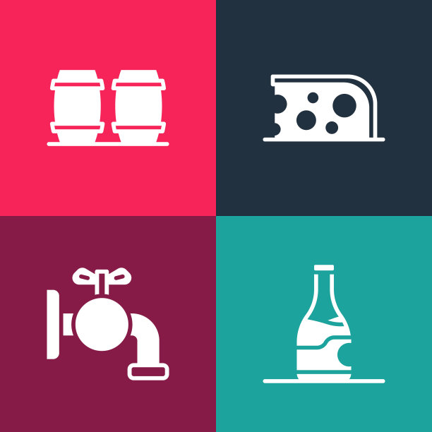 设置波普艺术瓶葡萄酒，水龙头为桶，奶酪和木制图标。向量图片下载