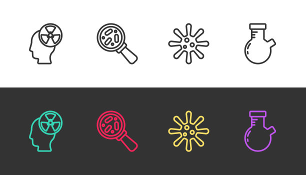 设置线头和辐射符号，放大镜下的微生物，细菌和试管烧瓶为黑白。向量图片下载