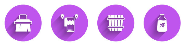 在衣架上设置桑拿刷，毛巾，水桶和精油瓶图标，带有长阴影。向量图片下载