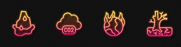 全球变暖火灾，冰川融化，二氧化碳排放云和枯树。发光的霓虹灯图标。向量图片下载