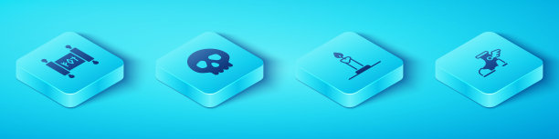 设置等距魔法卷轴，头骨，爱马仕凉鞋和燃烧的蜡烛在烛台图标。向量图片下载