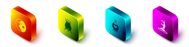 设置等距月亮和星星，女巫坩埚，带有爱情药水的瓶子和僵尸手图标。向量图片下载