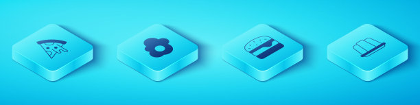 设置比萨饼，炒鸡蛋，果冻蛋糕和汉堡的等距切片图标。向量图片下载